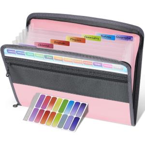 imageSooez Accordion File Organizer with Safe Zipper 12 Pocket Expanding File Folder with Front Pencil Pouch Portable Monthly Paper Bill Tax Receipt Organizer School Office Supplies Letter Size GreyLight Pink