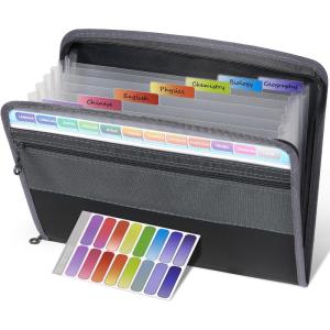 imageSooez Accordion File Organizer with Safe Zipper 12 Pocket Expanding File Folder with Front Pencil Pouch Portable Monthly Paper Bill Tax Receipt Organizer School Office Supplies Letter Size GreyGrey