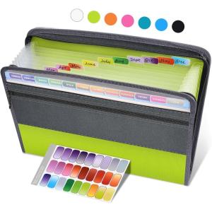 imageSooez Accordion File Organizer with Safe Zipper 12 Pocket Expanding File Folder with Front Pencil Pouch Portable Monthly Paper Bill Tax Receipt Organizer School Office Supplies Letter Size GreyGreen
