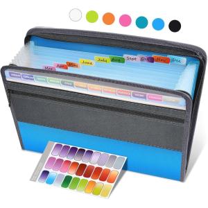 imageSooez Accordion File Organizer with Safe Zipper 12 Pocket Expanding File Folder with Front Pencil Pouch Portable Monthly Paper Bill Tax Receipt Organizer School Office Supplies Letter Size GreyBlue