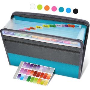 imageSooez Accordion File Organizer with Safe Zipper 12 Pocket Expanding File Folder with Front Pencil Pouch Portable Monthly Paper Bill Tax Receipt Organizer School Office Supplies Letter Size GreyTeal