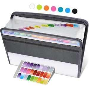 imageSooez Accordion File Organizer with Safe Zipper 12 Pocket Expanding File Folder with Front Pencil Pouch Portable Monthly Paper Bill Tax Receipt Organizer School Office Supplies Letter Size GreyWhite