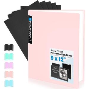 imageSooez Art Portfolio 9x12 Folder with Black Mounting Paper 24 Pockets Binder with Plastic Sleeves Display 48 Pages Presentation Book for Artwork Document Organizer Binder for Office School HomePink