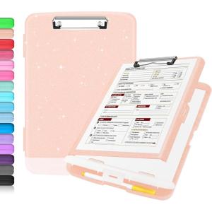 imageSooez Clipboard with Storage High Capacity Nursing Clip Board 85 x 11 with Pen Holder ampamp Low Profile Clip Plastic Clipboards Case Box Teacher Must Haves School Office SuppliesLetter Size A4Glitter Pink