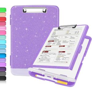 imageSooez Clipboard with Storage High Capacity Nursing Clip Board 85 x 11 with Pen Holder ampamp Low Profile Clip Plastic Clipboards Case Box Teacher Must Haves School Office SuppliesLetter Size A4Glitter Purple