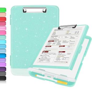 imageSooez Clipboard with Storage High Capacity Nursing Clip Board 85 x 11 with Pen Holder ampamp Low Profile Clip Plastic Clipboards Case Box Teacher Must Haves School Office SuppliesLetter Size A4Glitter Turquoise