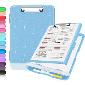 imageSooez Clipboard with Storage High Capacity Nursing Clip Board 85 x 11 with Pen Holder ampamp Low Profile Clip Plastic Clipboards Case Box Teacher Must Haves School Office SuppliesLetter Size A4Glitter Blue