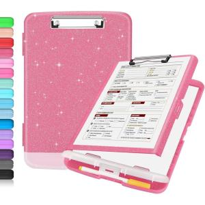 imageSooez Clipboard with Storage High Capacity Nursing Clip Board 85 x 11 with Pen Holder ampamp Low Profile Clip Plastic Clipboards Case Box Teacher Must Haves School Office SuppliesLetter Size A4Glitter Rose Pink