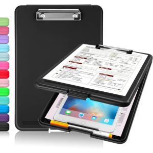 imageSooez Clipboard with Storage Plastic Storage Clipboard with Low Profile Clip Heavy Duty Nursing Clipboards Foldable Coaches Clipboard Case for Work Kids Teacher Must Haves Office School SuppliesAblack