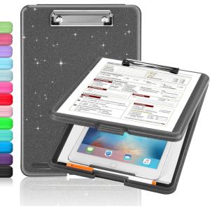 imageSooez Clipboard with Storage Plastic Storage Clipboard with Low Profile Clip Heavy Duty Nursing Clipboards Foldable Coaches Clipboard Case for Work Kids Teacher Must Haves Office School SuppliesBglitter Black