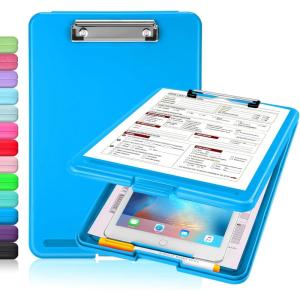 imageSooez Clipboard with Storage Plastic Storage Clipboard with Low Profile Clip Heavy Duty Nursing Clipboards Foldable Coaches Clipboard Case for Work Kids Teacher Must Haves Office School SuppliesAblue