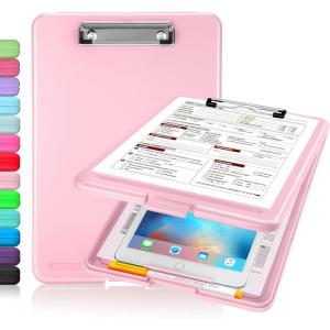 imageSooez Clipboard with Storage Plastic Storage Clipboard with Low Profile Clip Heavy Duty Nursing Clipboards Foldable Coaches Clipboard Case for Work Kids Teacher Must Haves Office School SuppliesAlight Pink