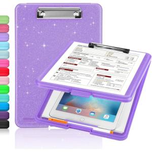 imageSooez Clipboard with Storage Plastic Storage Clipboard with Low Profile Clip Heavy Duty Nursing Clipboards Foldable Coaches Clipboard Case for Work Kids Teacher Must Haves Office School SuppliesBglitter Purple