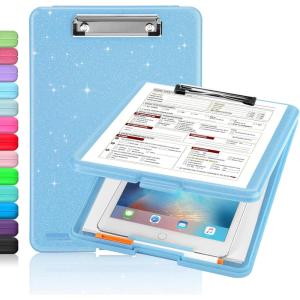 imageSooez Clipboard with Storage Plastic Storage Clipboard with Low Profile Clip Heavy Duty Nursing Clipboards Foldable Coaches Clipboard Case for Work Kids Teacher Must Haves Office School SuppliesBglitter Blue