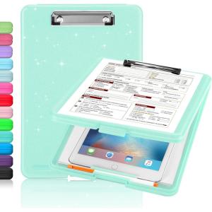 imageSooez Clipboard with Storage Plastic Storage Clipboard with Low Profile Clip Heavy Duty Nursing Clipboards Foldable Coaches Clipboard Case for Work Kids Teacher Must Haves Office School SuppliesBglitter Turquoise
