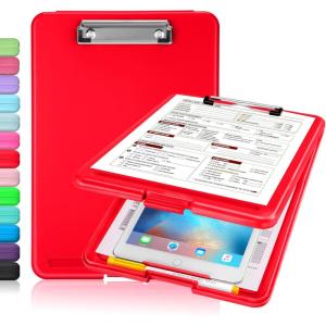 imageSooez Clipboard with Storage Plastic Storage Clipboard with Low Profile Clip Heavy Duty Nursing Clipboards Foldable Coaches Clipboard Case for Work Kids Teacher Must Haves Office School SuppliesAred