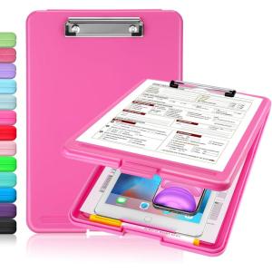 imageSooez Clipboard with Storage Plastic Storage Clipboard with Low Profile Clip Heavy Duty Nursing Clipboards Foldable Coaches Clipboard Case for Work Kids Teacher Must Haves Office School SuppliesArose Pink