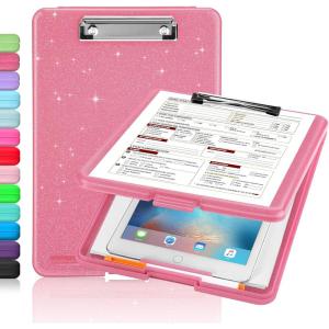 imageSooez Clipboard with Storage Plastic Storage Clipboard with Low Profile Clip Heavy Duty Nursing Clipboards Foldable Coaches Clipboard Case for Work Kids Teacher Must Haves Office School SuppliesBglitter Rose Pink