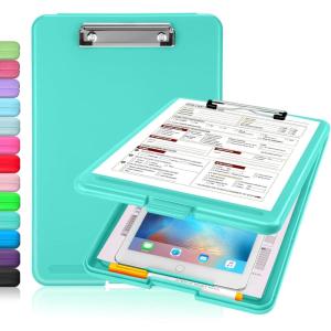 imageSooez Clipboard with Storage Plastic Storage Clipboard with Low Profile Clip Heavy Duty Nursing Clipboards Foldable Coaches Clipboard Case for Work Kids Teacher Must Haves Office School SuppliesAturquoise