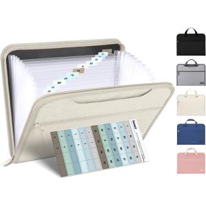 imageSooez Heavy Duty Accordion File Organizer with Hidden Handle Portable 12 Pockets Expanding File Folders Cloth Monthly Bills Receipt Organizer for LetterA4 School Classroom Home ampamp Office SuppliesIvory