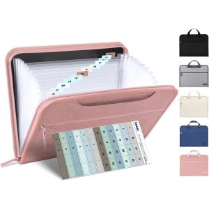 imageSooez Heavy Duty Accordion File Organizer with Hidden Handle Portable 12 Pockets Expanding File Folders Cloth Monthly Bills Receipt Organizer for LetterA4 School Classroom Home ampamp Office SuppliesPink