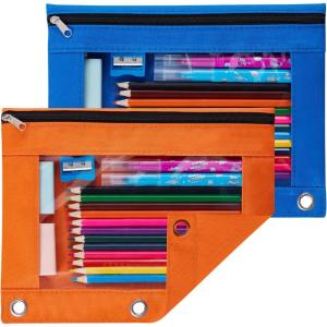 imageSooez Pencil Pouch for 3 Ring Binder 2 Pack Binder Pencil Pouch with Clear Window Pencil Bags with Zipper ampamp Reinforced Grommets Pencil Case for Binder Black ampamp BlackBlue  Orange