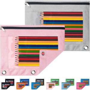 imageSooez Pencil Pouch for 3 Ring Binder 2 Pack Binder Pencil Pouch with Clear Window Pencil Bags with Zipper ampamp Reinforced Grommets Pencil Case for Binder Black ampamp BlackPink  Grey