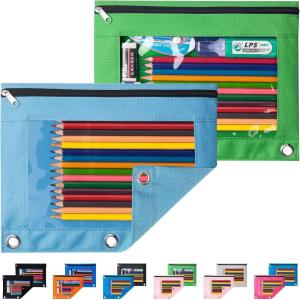 imageSooez Pencil Pouch for 3 Ring Binder 2 Pack Binder Pencil Pouch with Clear Window Pencil Bags with Zipper ampamp Reinforced Grommets Pencil Case for Binder Black ampamp BlackBlue  Green