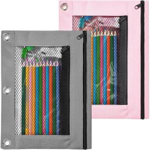 imageSooez Pencil Pouch for 3 Ring Binder 2 Pack Fabric Binder Pouch with 2 Pockets Pencil Bags with Zipper and Reinforced Grommets Pencil Cases for BinderGrey  Pink