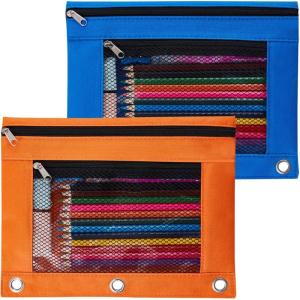 imageSooez Pencil Pouch for 3 Ring Binder 2 Pack Fabric Binder Pouch with 2 Pockets Pencil Bags with Zipper and Reinforced Grommets Pencil Cases for BinderBlue  Orange
