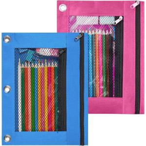 imageSooez Pencil Pouch for 3 Ring Binder 2 Pack Fabric Binder Pouch with 2 Pockets Pencil Bags with Zipper and Reinforced Grommets Pencil Cases for BinderAzure Blue  Rose