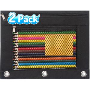 imageSooez Pencil Pouch for 3 Ring Binder 2 Pack Fabric Binder Pouch with 2 Pockets Pencil Bags with Zipper and Reinforced Grommets Pencil Cases for BinderBlack  Black