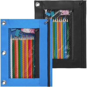 imageSooez Pencil Pouch for 3 Ring Binder 2 Pack Fabric Binder Pouch with 2 Pockets Pencil Bags with Zipper and Reinforced Grommets Pencil Cases for BinderAzure Blue  Black