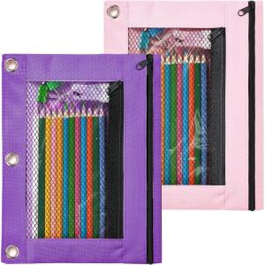 imageSooez Pencil Pouch for 3 Ring Binder 2 Pack Fabric Binder Pouch with 2 Pockets Pencil Bags with Zipper and Reinforced Grommets Pencil Cases for BinderPurple  Pink