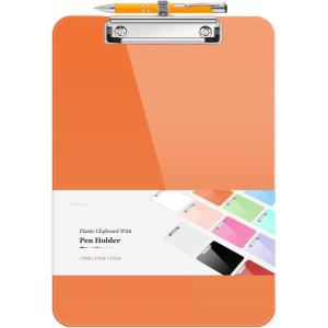 imageSooez Plastic Clipboard with Pen Holder 10 Thicker Clip Boards 85x11 with Low Profile Clip Cute Hanging Clipboard Standard Letter Size A4 for Women Kid Teacher Office ampamp School Supplies BlackOrange