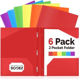 imageSooez Plastic Folders with Pockets and Prongs 6 Pack Pocket Folders with Prongs Heavy Duty 3 Prong 2Pocket Folders for Document Colored File Folder Back to School Supplies for KidsBright Colors