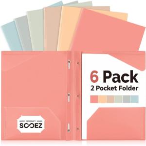 imageSooez Plastic Folders with Pockets and Prongs 6 Pack Pocket Folders with Prongs Heavy Duty 3 Prong 2Pocket Folders for Document Colored File Folder Back to School Supplies for KidsLight Retro