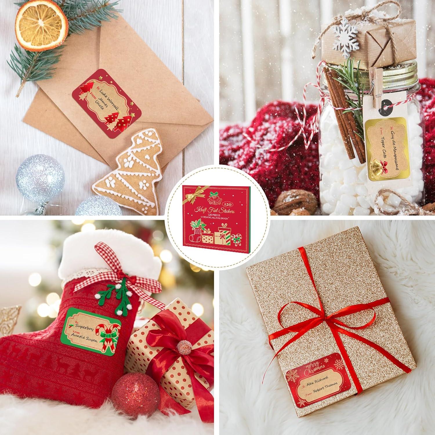 image120Pcs Foil Christmas Gift Tags Stickers for Presents 12 Jumbo Designs Sooez Self Adhesive to and from Labels Xmas Peel and Stick Gift Name Tags Festival Holiday Christmas Wrapping AccessoriesKraft Paper