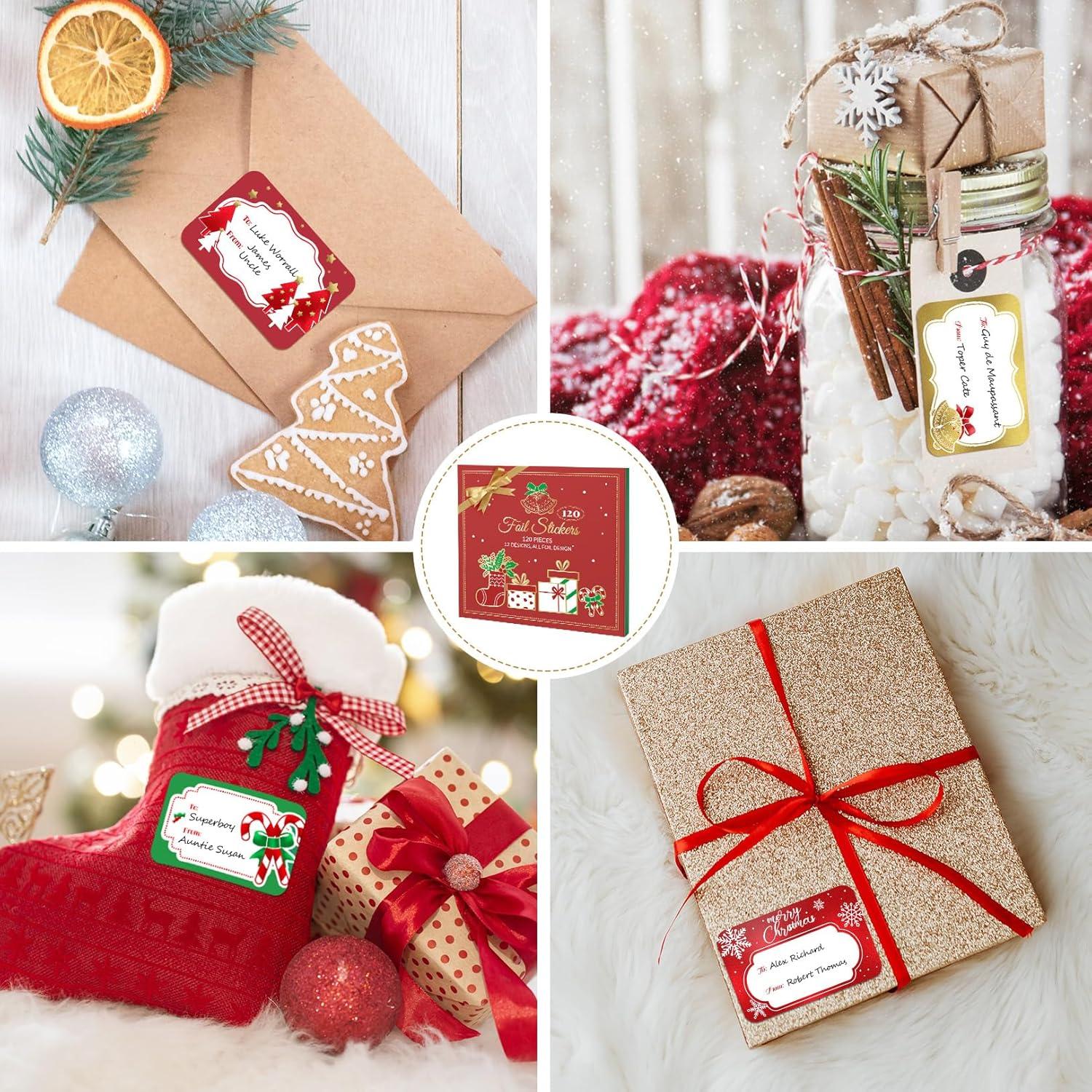 image120Pcs Foil Christmas Gift Tags Stickers for Presents 12 Jumbo Designs Sooez Self Adhesive to and from Labels Xmas Peel and Stick Gift Name Tags Festival Holiday Christmas Wrapping AccessoriesWhite Paper