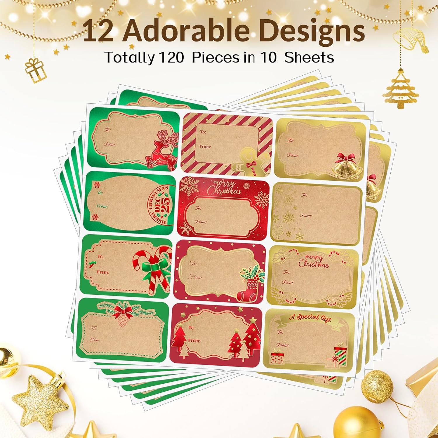 image120Pcs Foil Christmas Gift Tags Stickers for Presents 12 Jumbo Designs Sooez Self Adhesive to and from Labels Xmas Peel and Stick Gift Name Tags Festival Holiday Christmas Wrapping AccessoriesKraft Paper