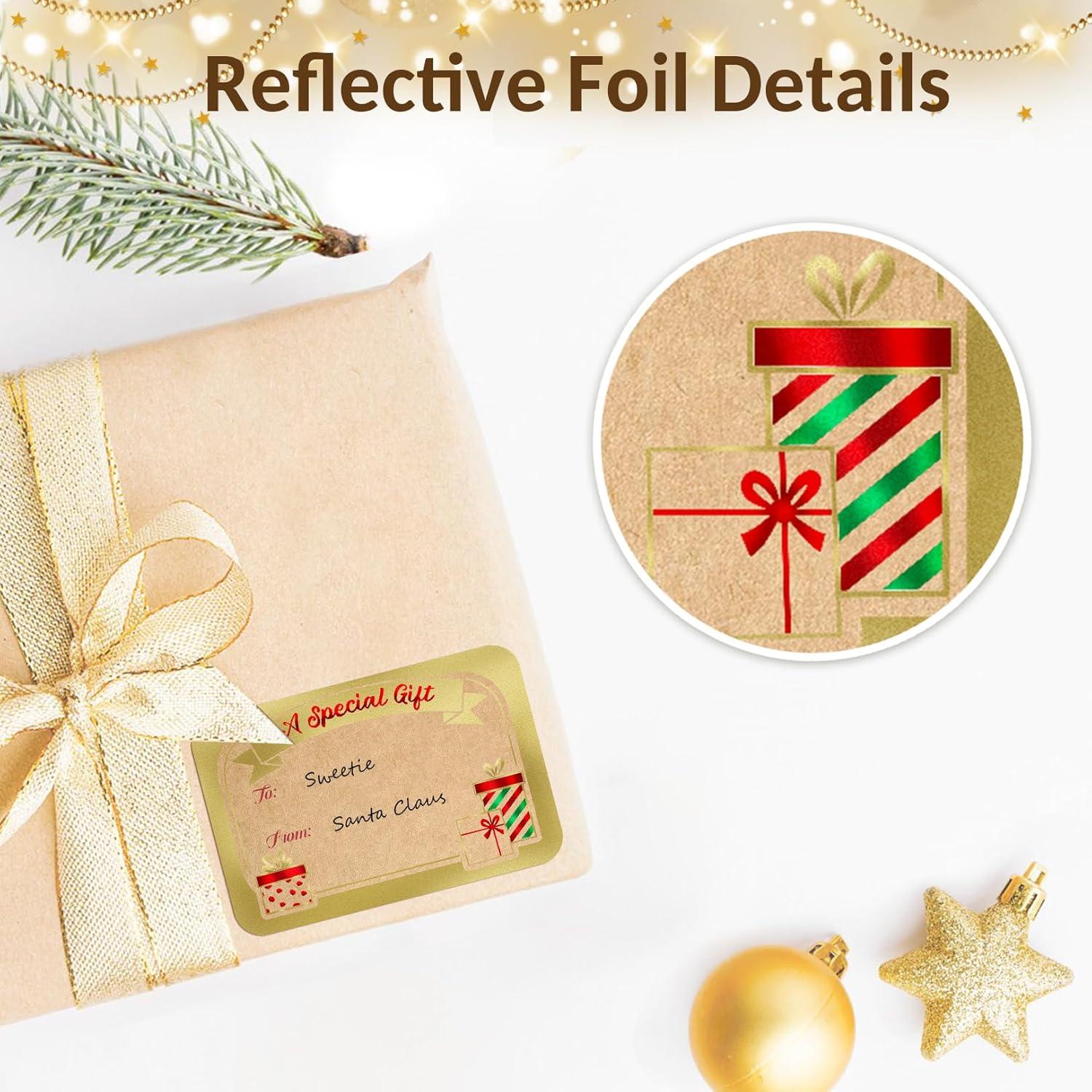 image120Pcs Foil Christmas Gift Tags Stickers for Presents 12 Jumbo Designs Sooez Self Adhesive to and from Labels Xmas Peel and Stick Gift Name Tags Festival Holiday Christmas Wrapping AccessoriesKraft Paper