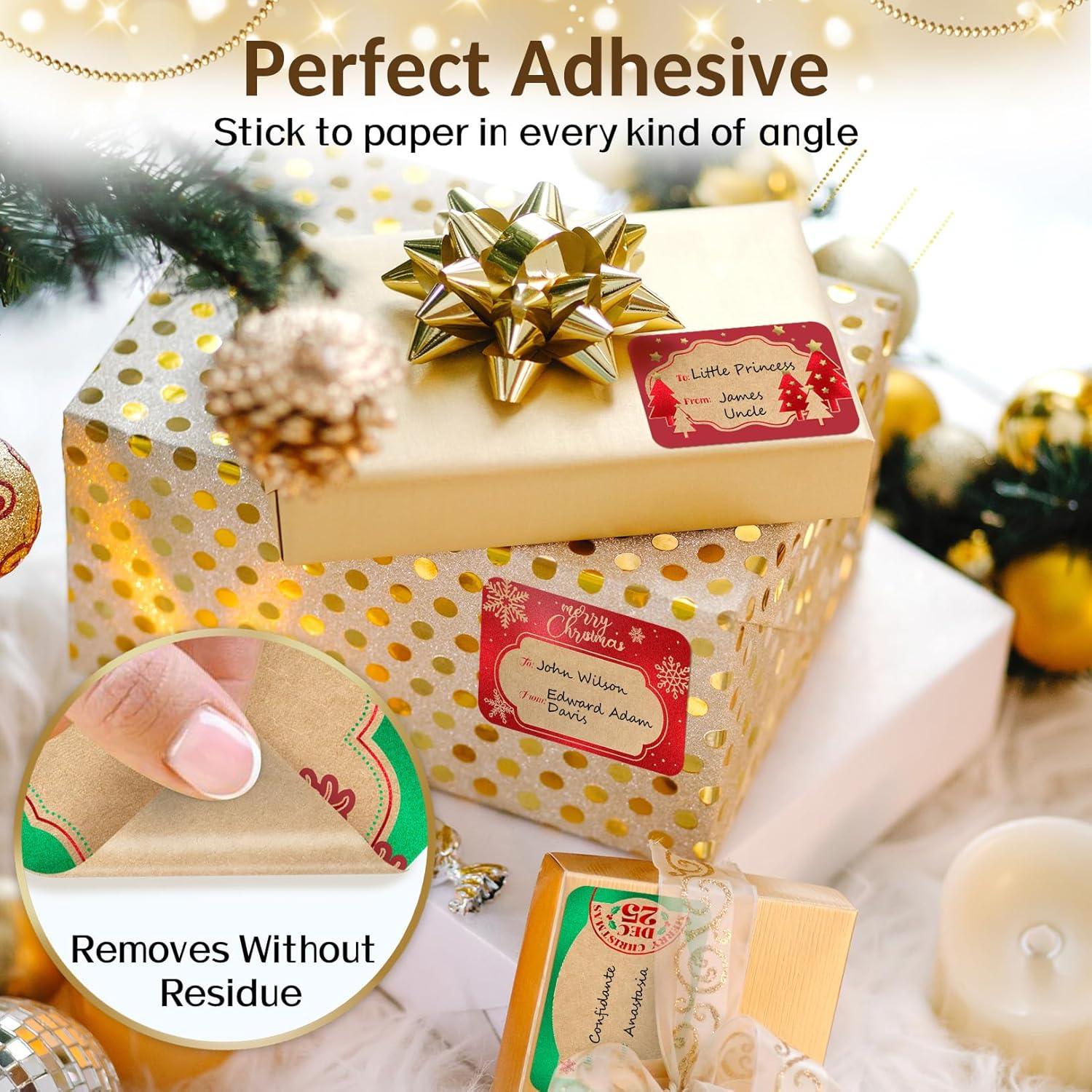 image120Pcs Foil Christmas Gift Tags Stickers for Presents 12 Jumbo Designs Sooez Self Adhesive to and from Labels Xmas Peel and Stick Gift Name Tags Festival Holiday Christmas Wrapping AccessoriesKraft Paper
