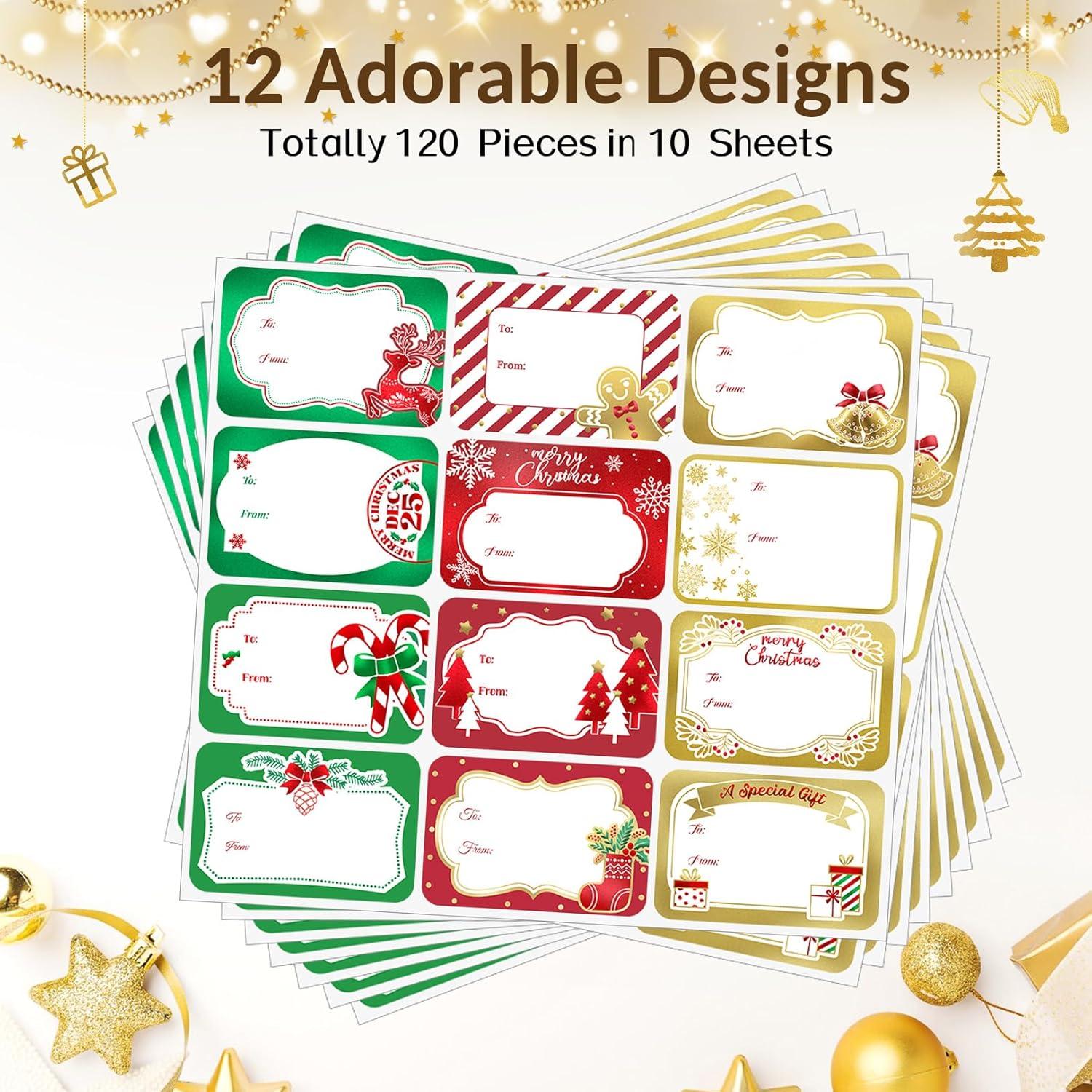 image120Pcs Foil Christmas Gift Tags Stickers for Presents 12 Jumbo Designs Sooez Self Adhesive to and from Labels Xmas Peel and Stick Gift Name Tags Festival Holiday Christmas Wrapping AccessoriesWhite Paper