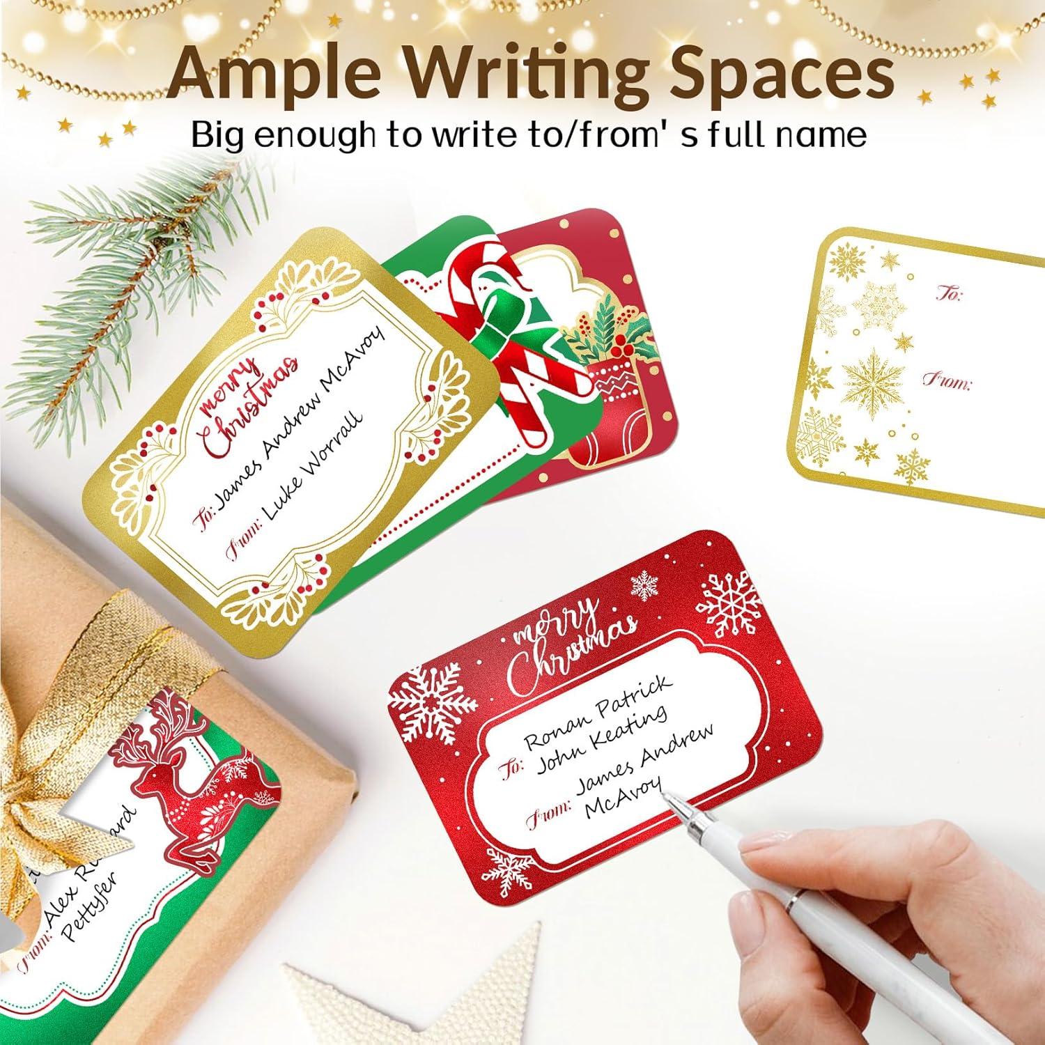image120Pcs Foil Christmas Gift Tags Stickers for Presents 12 Jumbo Designs Sooez Self Adhesive to and from Labels Xmas Peel and Stick Gift Name Tags Festival Holiday Christmas Wrapping AccessoriesWhite Paper
