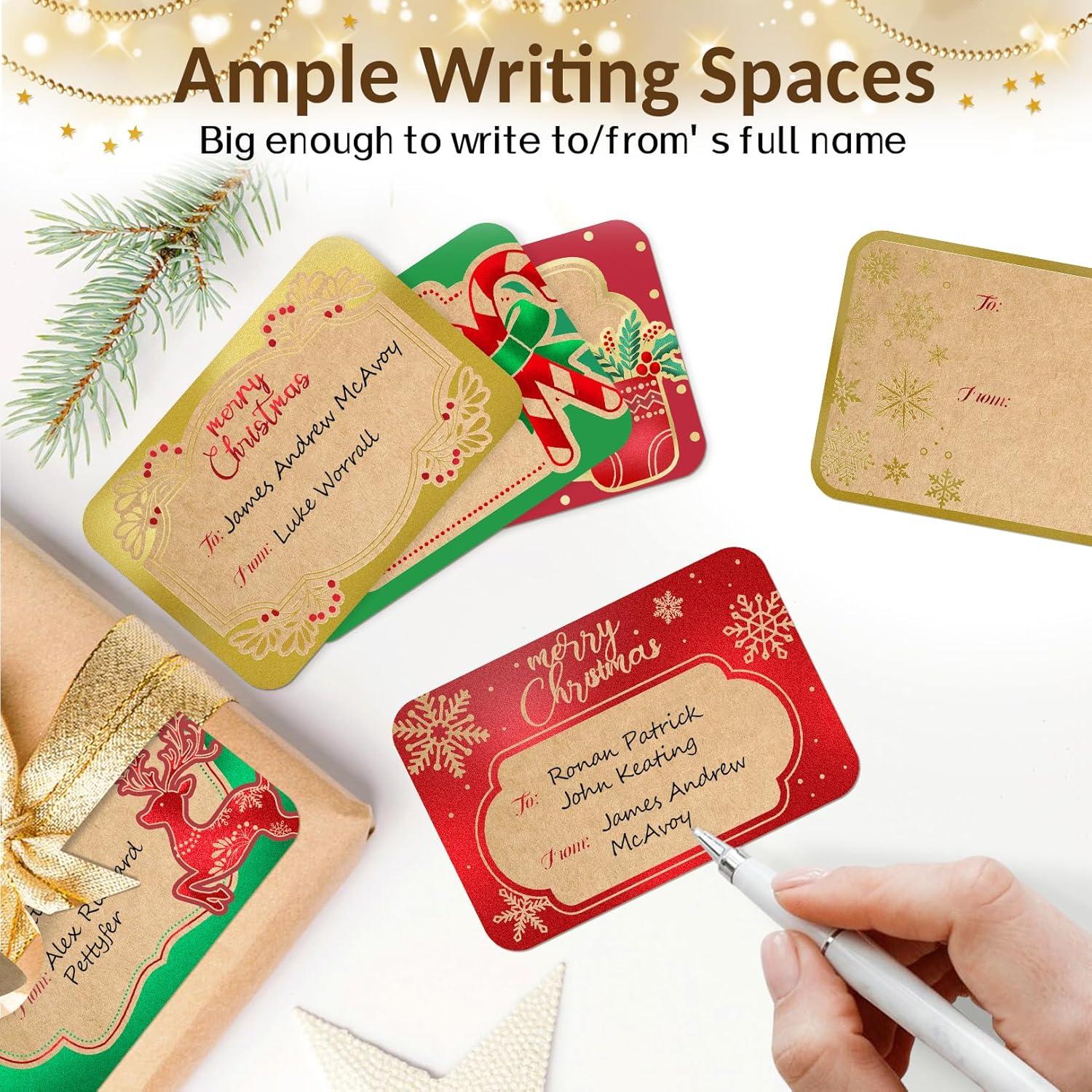image120Pcs Foil Christmas Gift Tags Stickers for Presents 12 Jumbo Designs Sooez Self Adhesive to and from Labels Xmas Peel and Stick Gift Name Tags Festival Holiday Christmas Wrapping AccessoriesKraft Paper