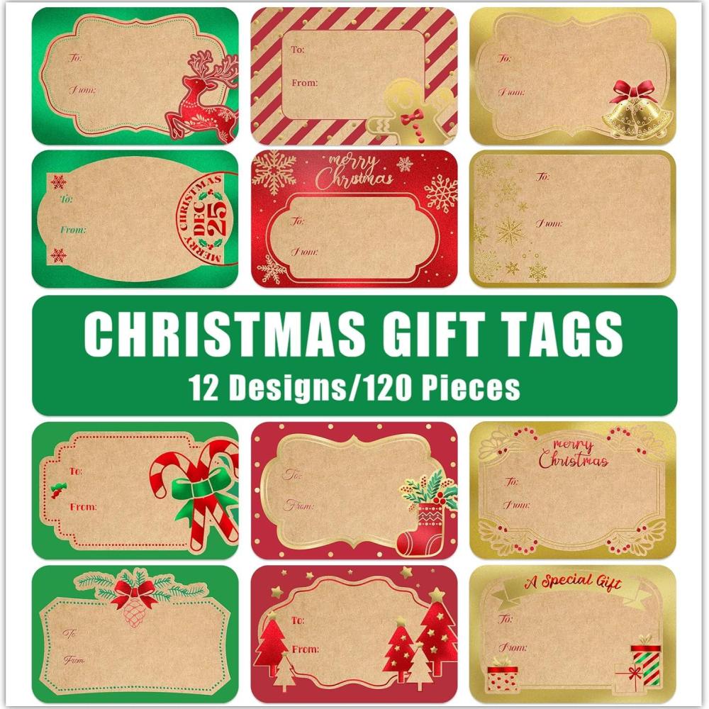 image120Pcs Foil Christmas Gift Tags Stickers for Presents 12 Jumbo Designs Sooez Self Adhesive to and from Labels Xmas Peel and Stick Gift Name Tags Festival Holiday Christmas Wrapping AccessoriesKraft Paper