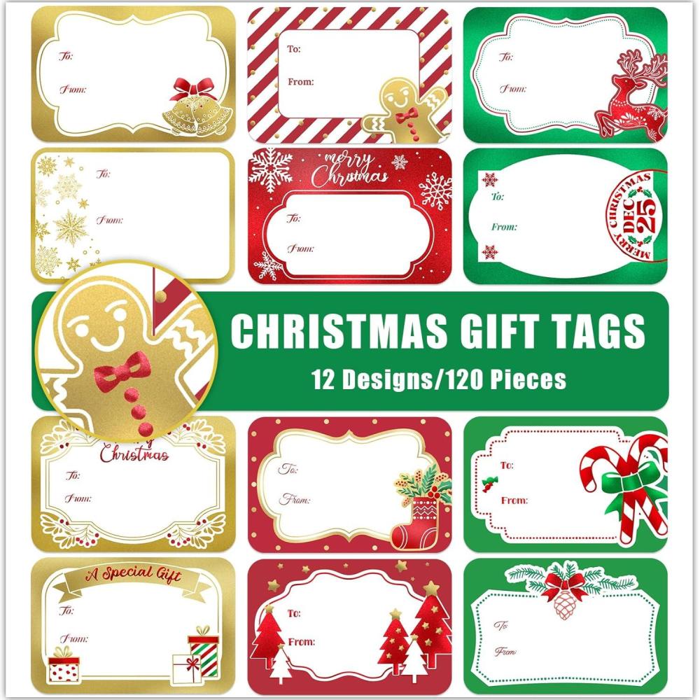 image120Pcs Foil Christmas Gift Tags Stickers for Presents 12 Jumbo Designs Sooez Self Adhesive to and from Labels Xmas Peel and Stick Gift Name Tags Festival Holiday Christmas Wrapping AccessoriesWhite Paper