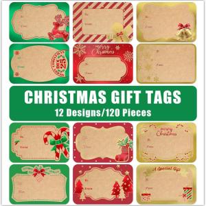 image120Pcs Foil Christmas Gift Tags Stickers for Presents 12 Jumbo Designs Sooez Self Adhesive to and from Labels Xmas Peel and Stick Gift Name Tags Festival Holiday Christmas Wrapping AccessoriesKraft Paper
