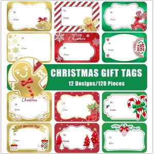 image120Pcs Foil Christmas Gift Tags Stickers for Presents 12 Jumbo Designs Sooez Self Adhesive to and from Labels Xmas Peel and Stick Gift Name Tags Festival Holiday Christmas Wrapping AccessoriesWhite Paper