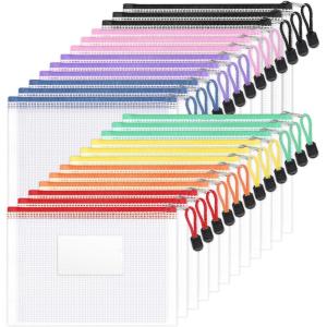 imageSooez 24 Pack Mesh Zipper Pouch Bags with Label Pocket A6 9147 in Small Pencil Case Pouch for Organizing Clear Plastic Pencil Pouches Bulk for School Supplies Storage Money Envelopes for CashA5